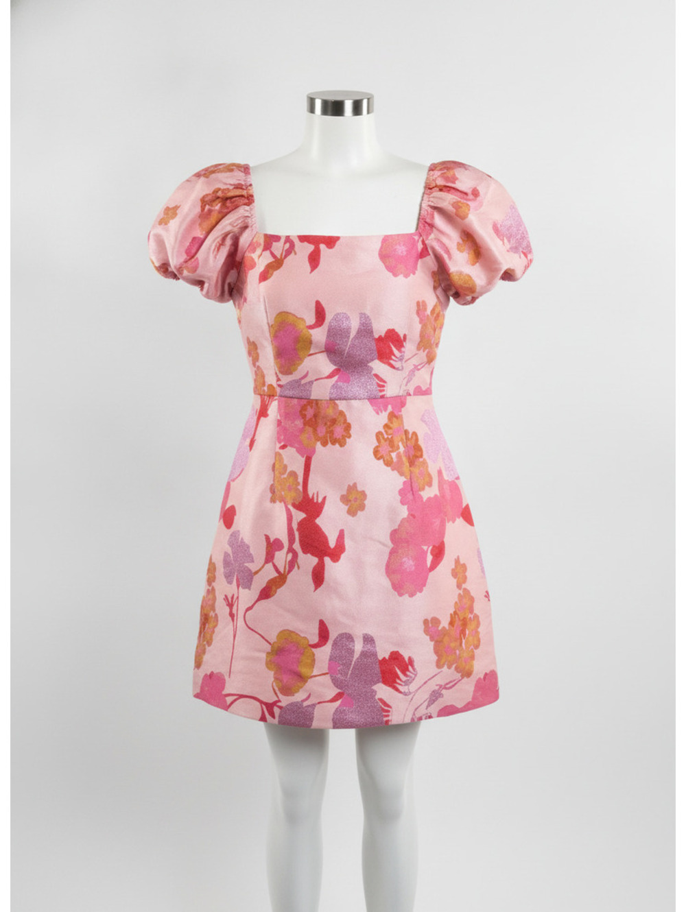 Lulu's Black Floral SO Stunning Pink Jacquard Puff-Sleeve Mini Dress S